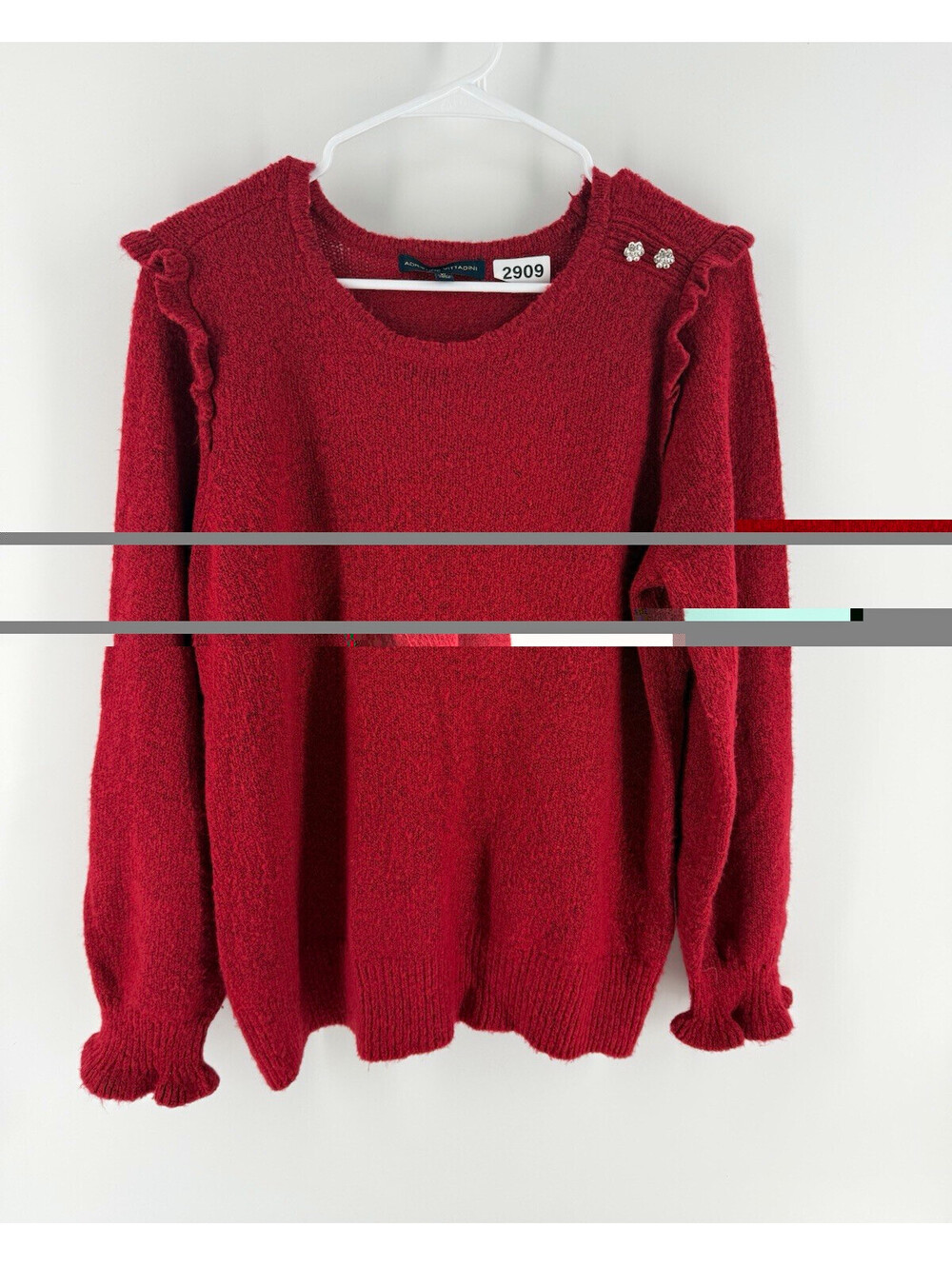 Adrienne Vittadini Women’s XL Red Knit Crew Neck Pullover Ruffle Beaded